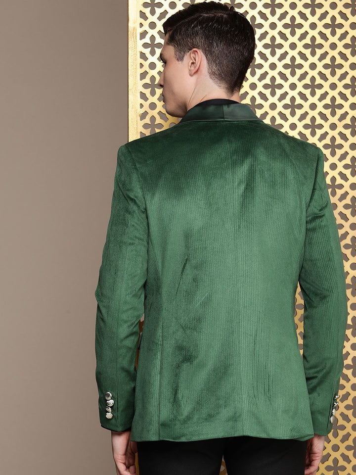 House of Pataudi Tailored Fit Striped Velvet Finish Single-Breasted Party Blazer