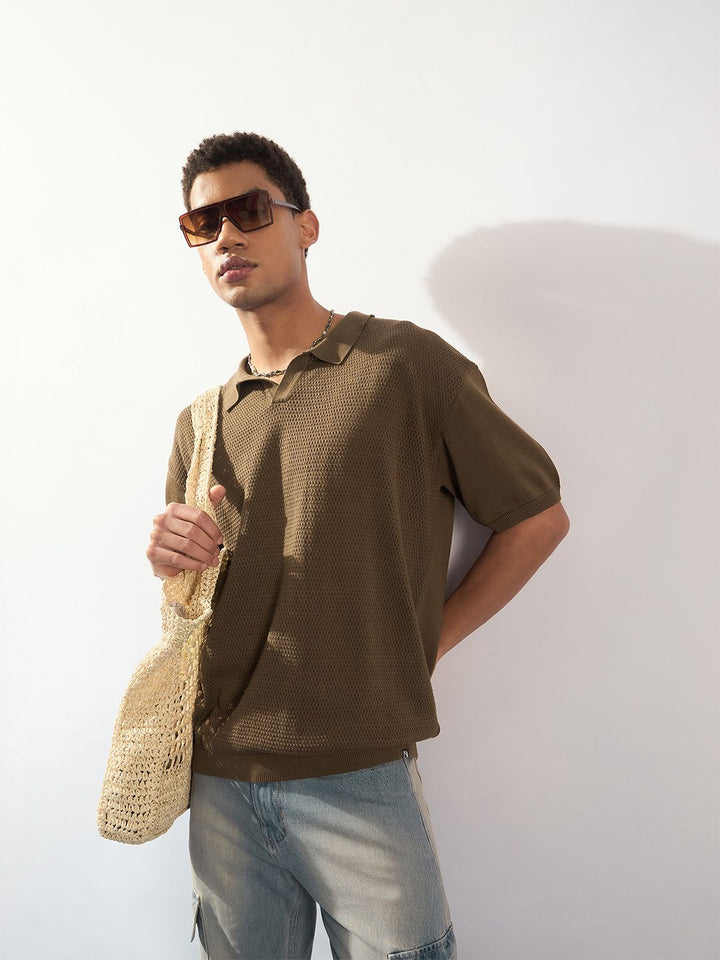 DENNISON Men Oversized Polo Collar Knitted T-Shirt