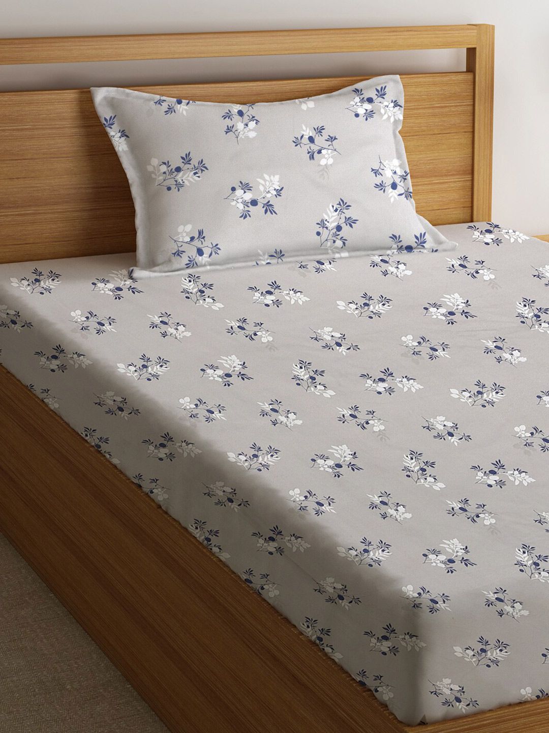 KLOTTHE Grey Floral Polycotton 300 TC Single Fine Bedsheet with a Pillow Cover-87 x 59 inches