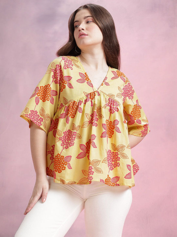 DressBerry Floral Print Cotton Linen Empire Top