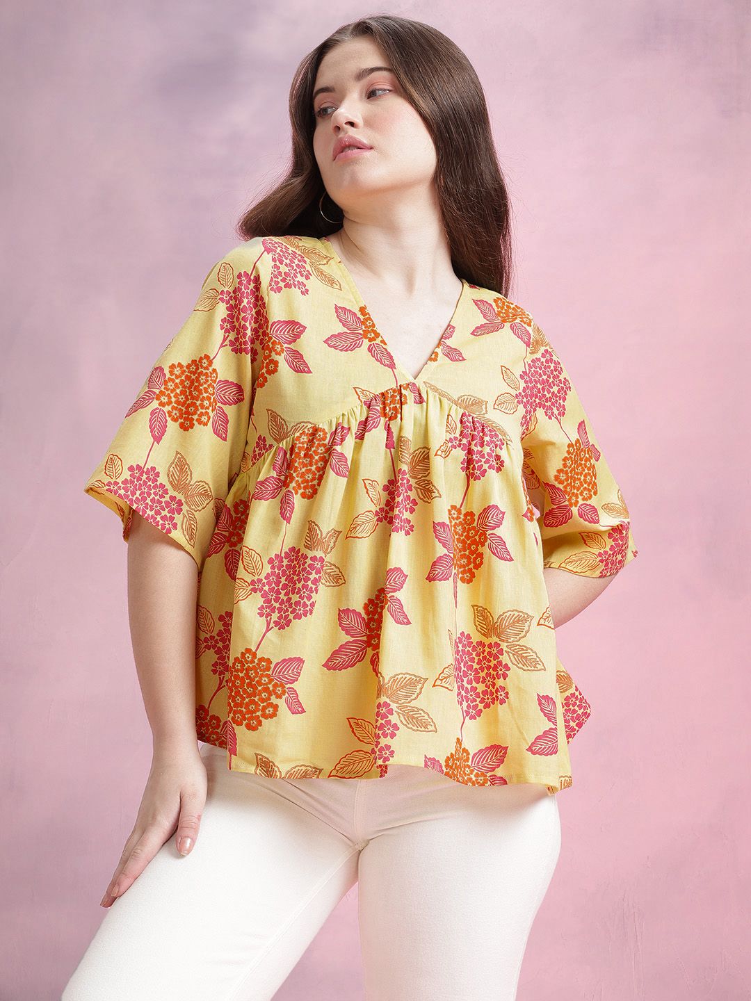 DressBerry Floral Print Cotton Linen Empire Top