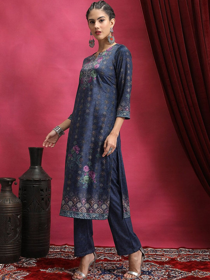Vishudh Navy Blue Floral Printed Mandarin Collar Straight Kurta & Palazzos With Dupatta