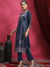 Vishudh Navy Blue Floral Printed Mandarin Collar Straight Kurta & Palazzos With Dupatta