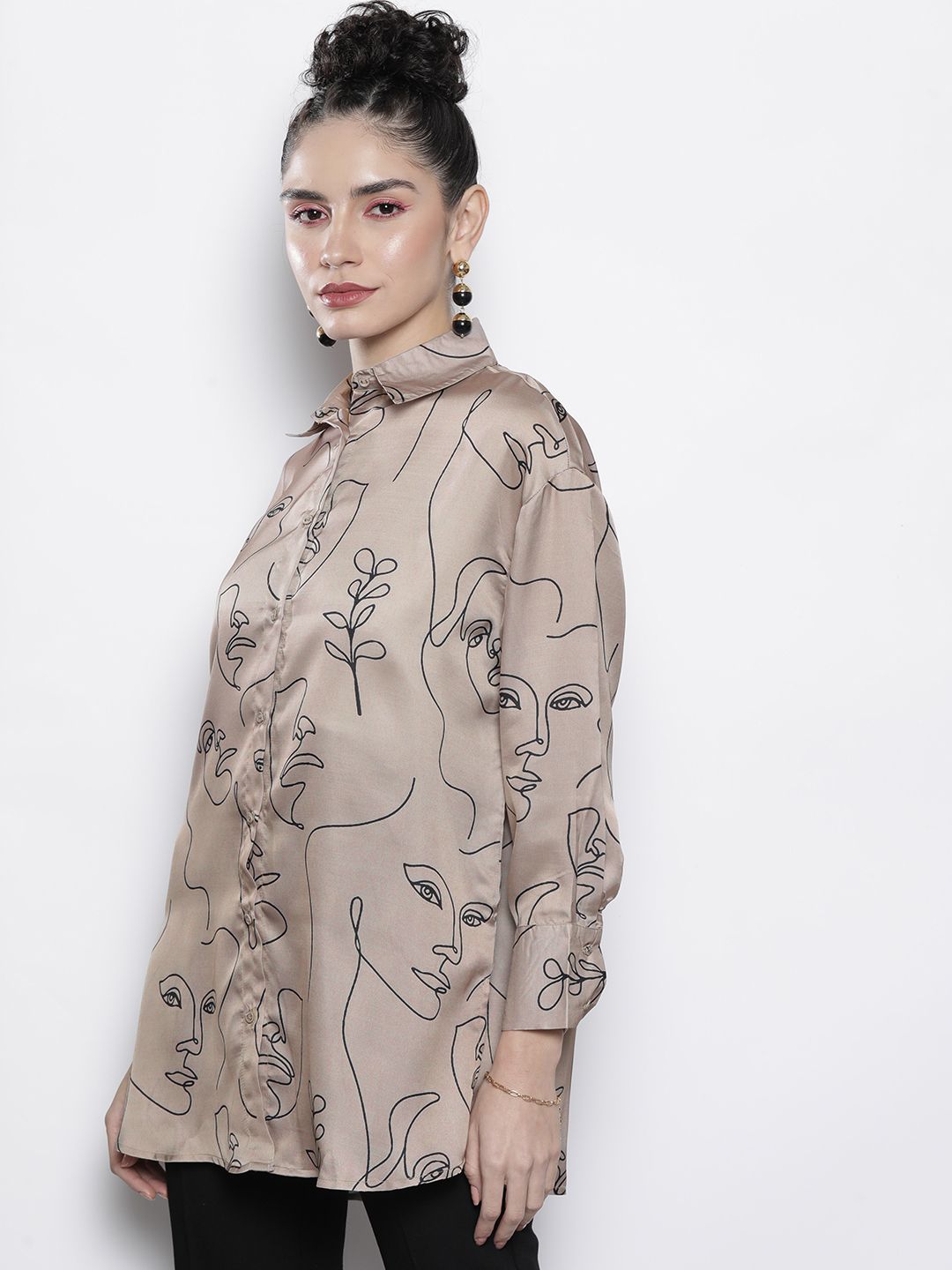 SASSAFRAS Women Champagne Comfort Line Art Printed Casual Shirt