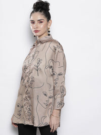 SASSAFRAS Women Champagne Comfort Line Art Printed Casual Shirt