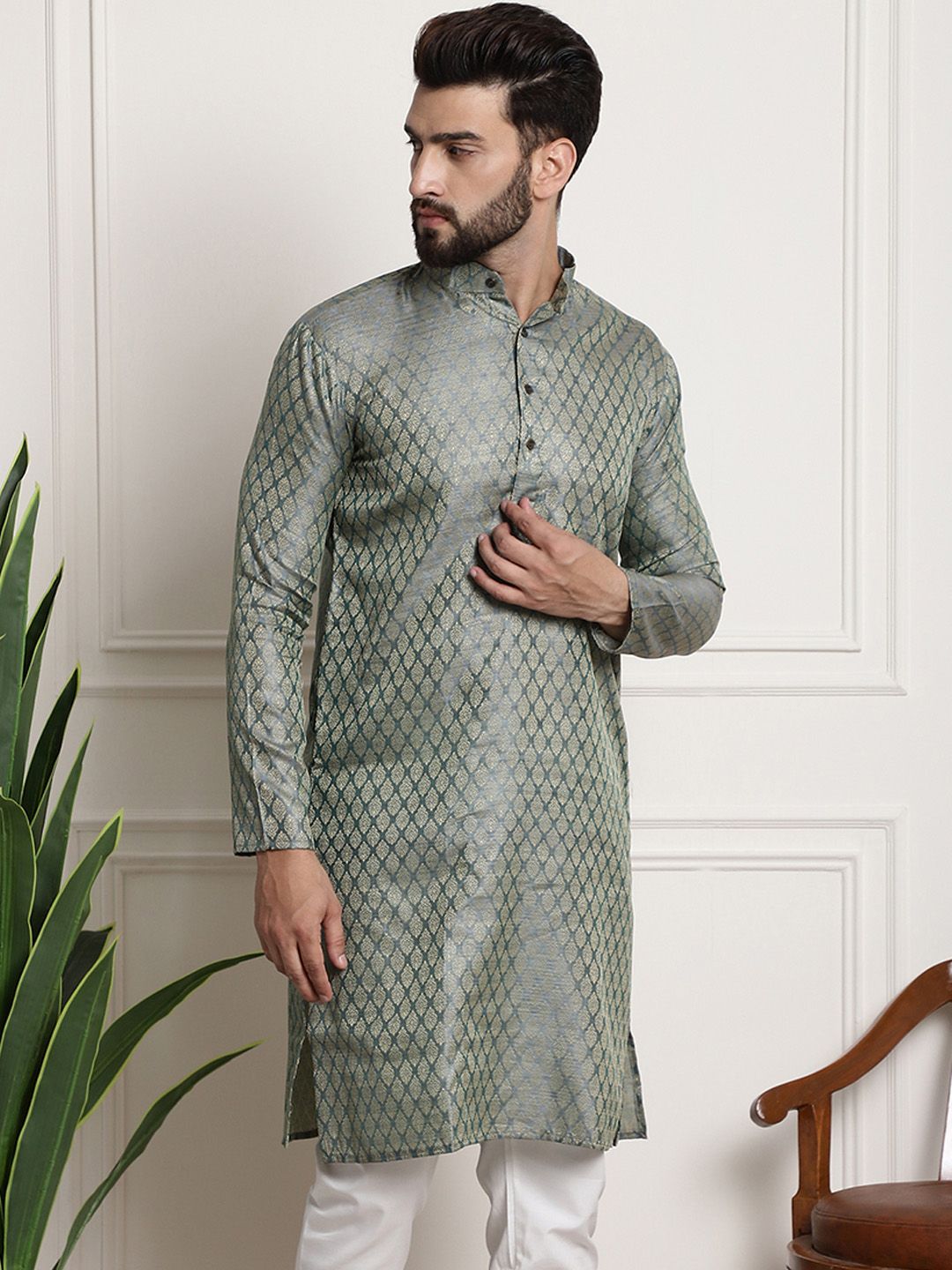 SOJANYA Lelaki Tenunan Design Jacquard Straight Kurta