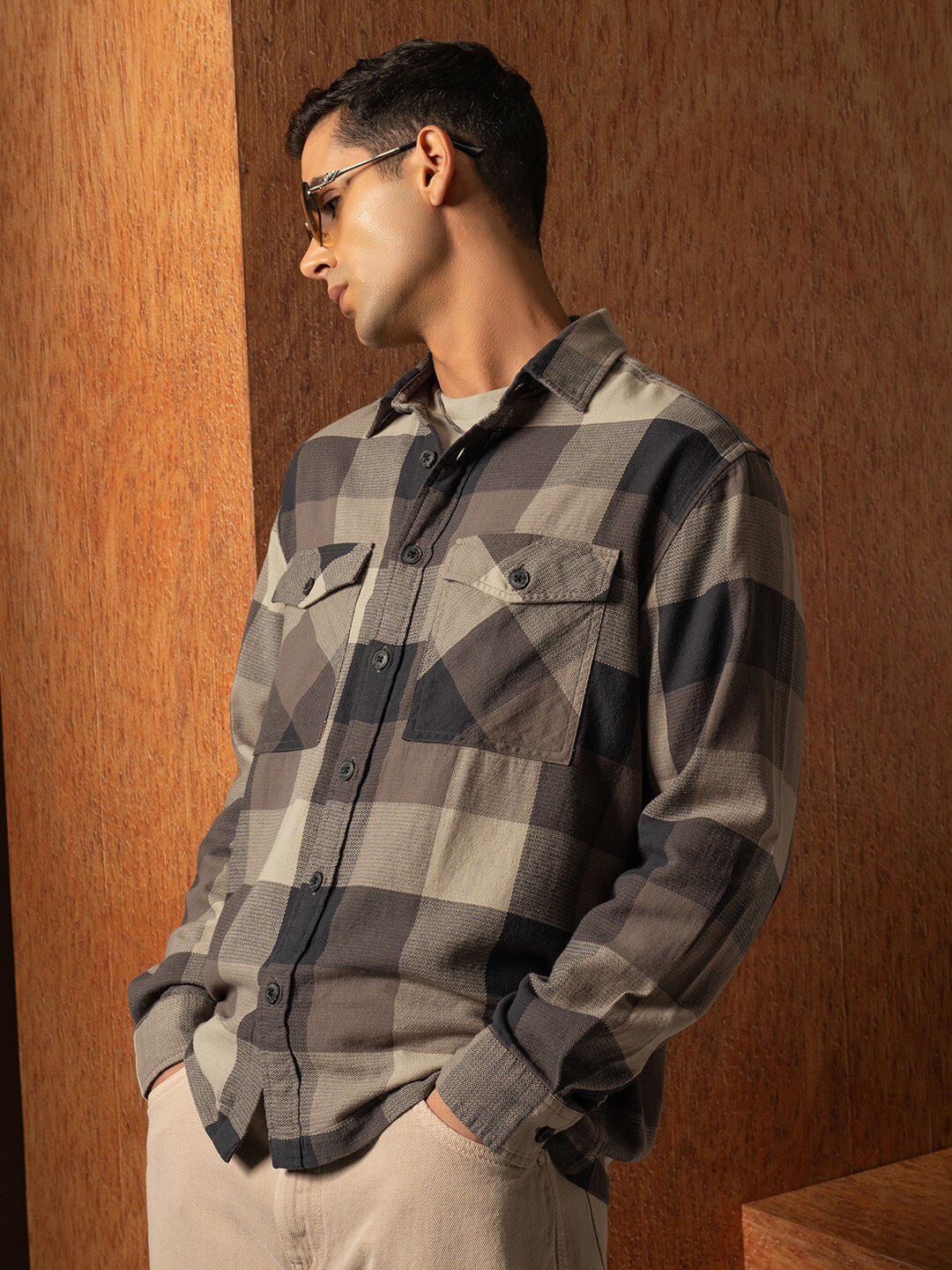 LOCOMOTIVE Premium Oversized Dobby Textured Checked Utility Pocket Overshirt