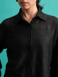 Tokyo Talkies Black Self Design Crochet Shirt With Flared Trouser Co-Ords