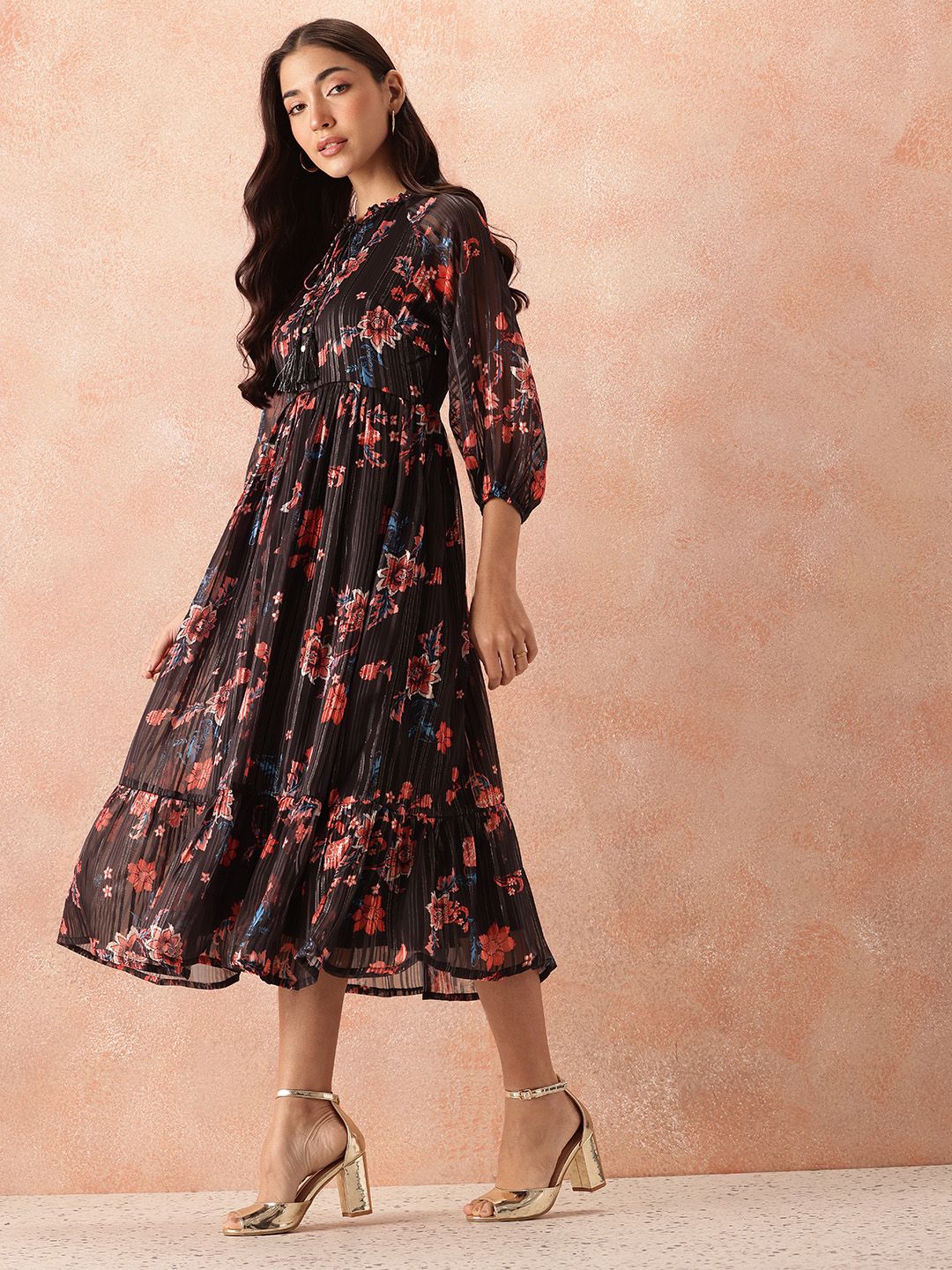 all about you Floral Print Tie-Up Neck Pleated Fit & Flare Midi Dress