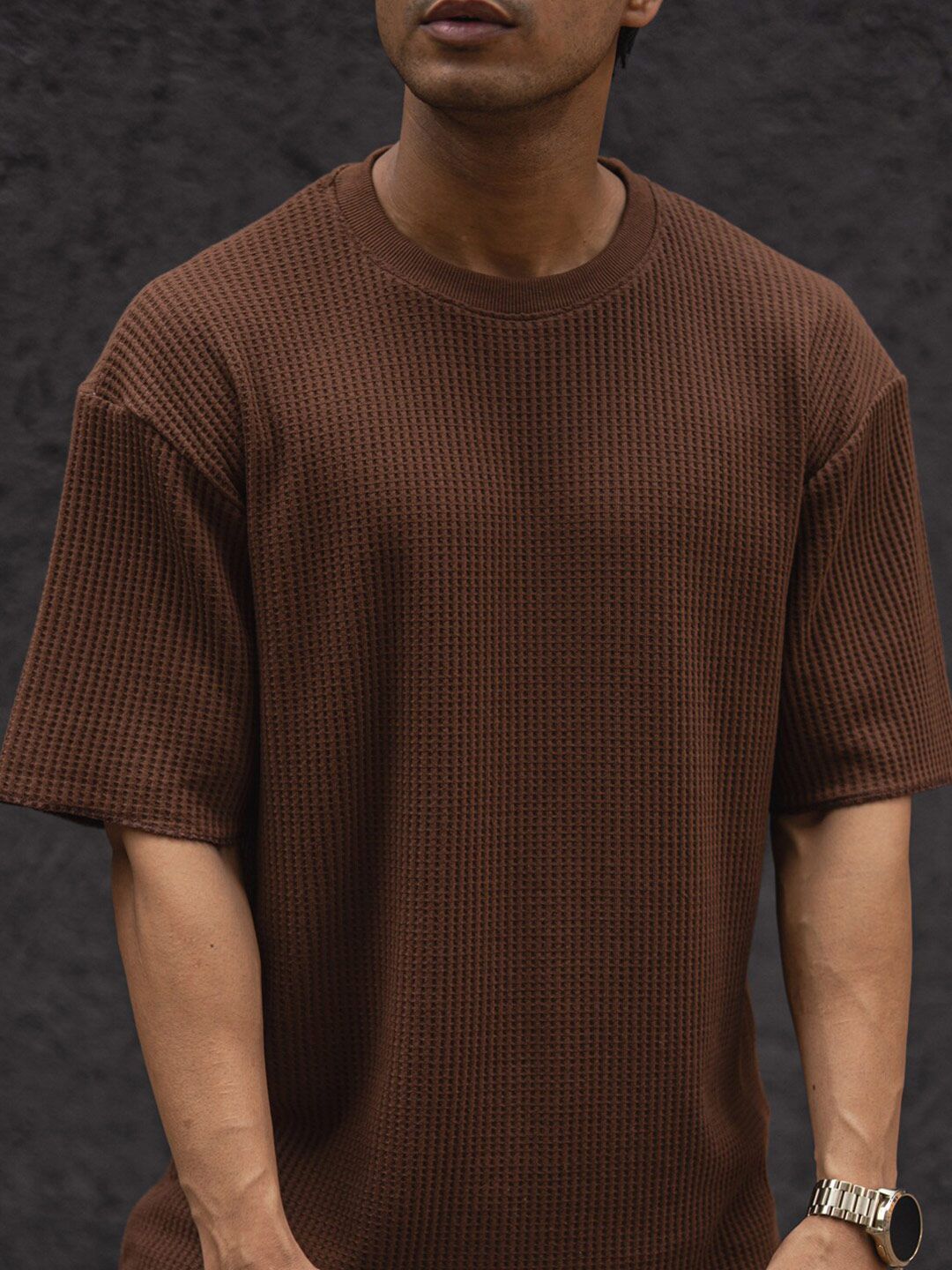 Powerlook Self Design Round Neck Drop-Shoulder Sleeves Oversized T-shirt