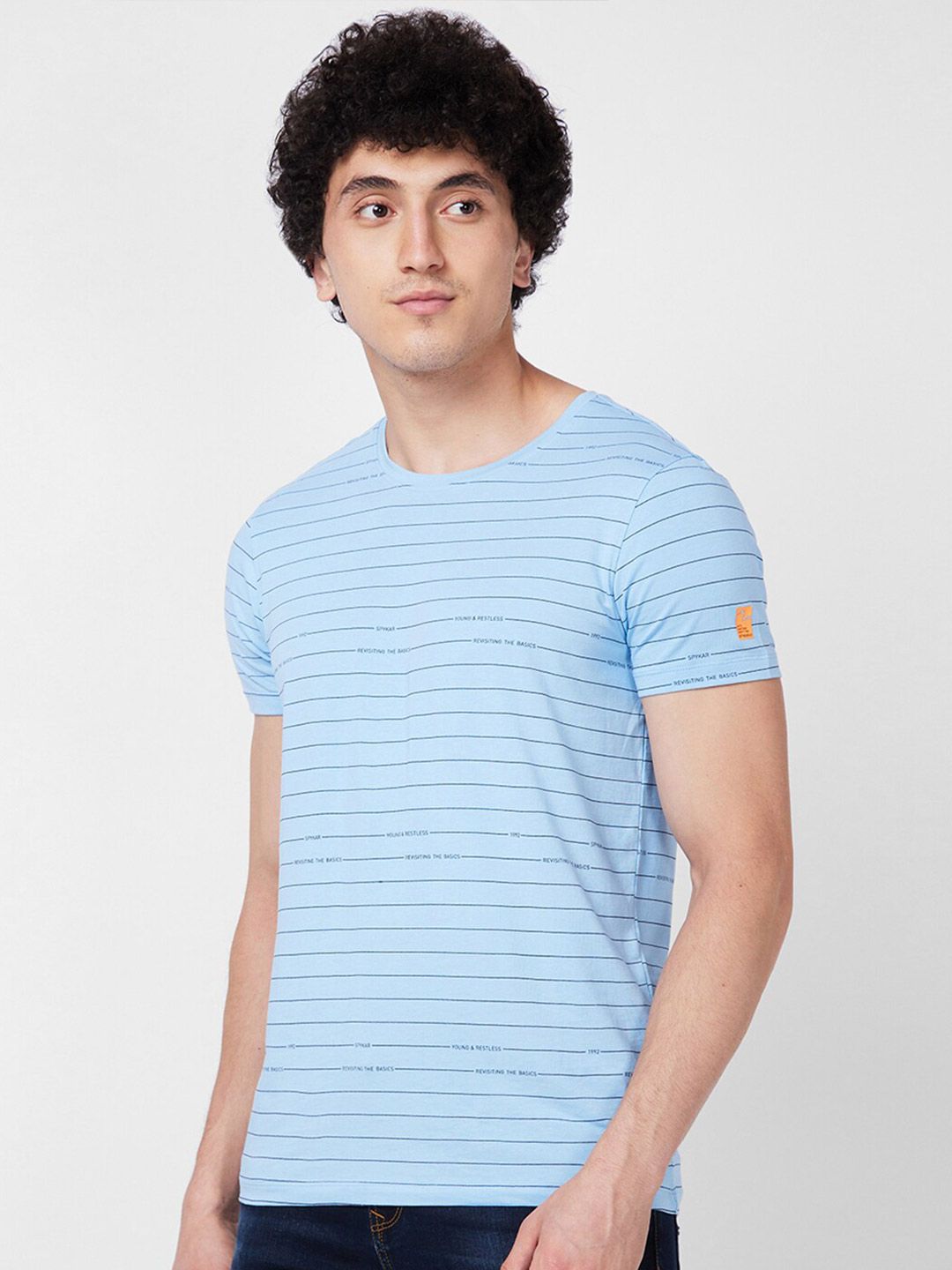 SPYKAR Round Neck Short Sleeves Striped Slim Fit Cotton T-shirt