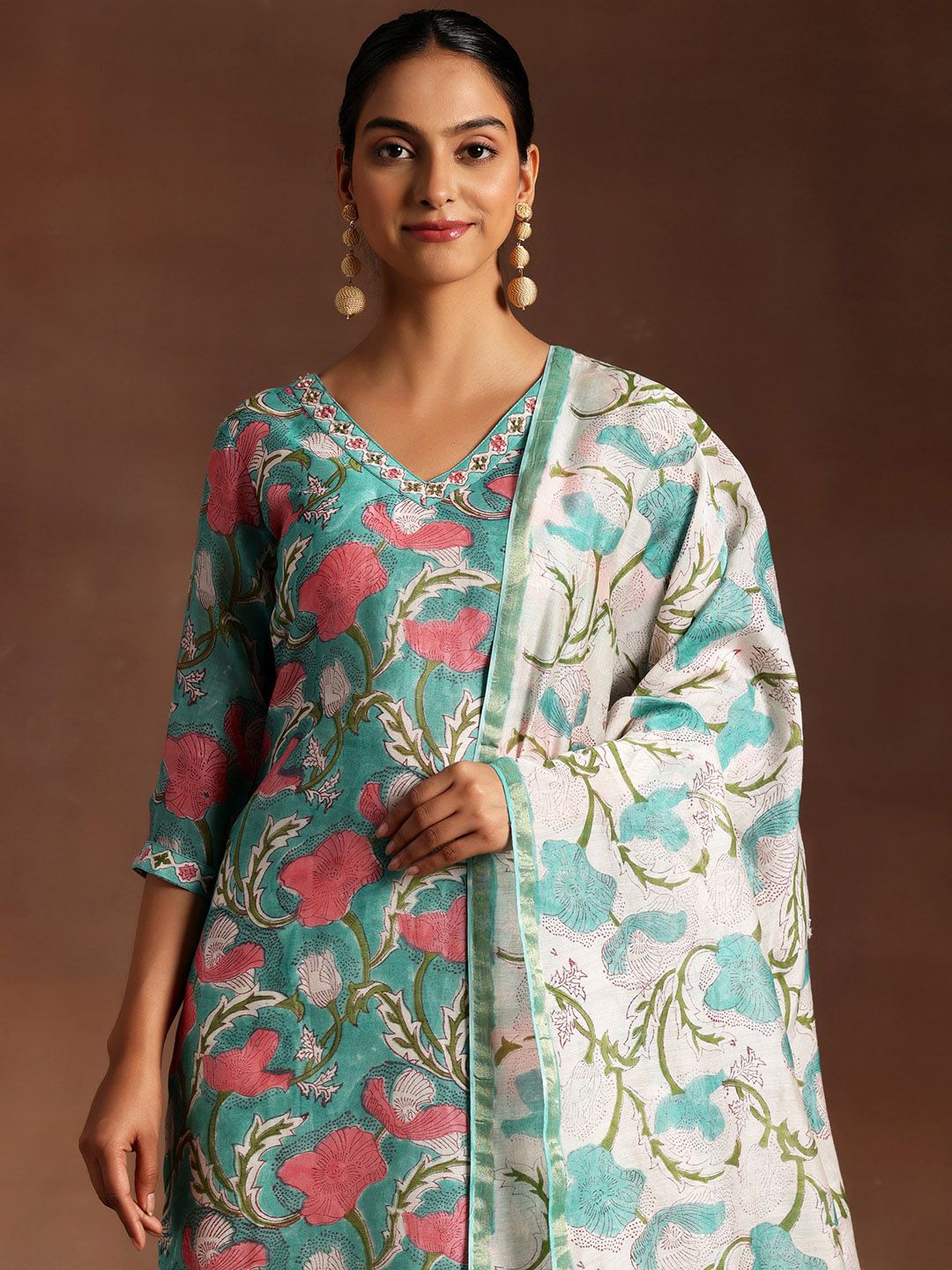 Libas Floral Printed Regular Beads and Stones Pure Cotton Kurta with Salwar & Dupatta