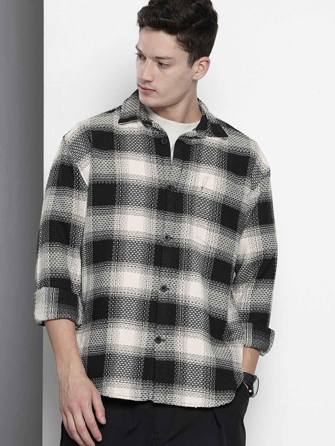 The Indian Garage Co Pure Cotton Textured Opaque Checked Casual Shirt