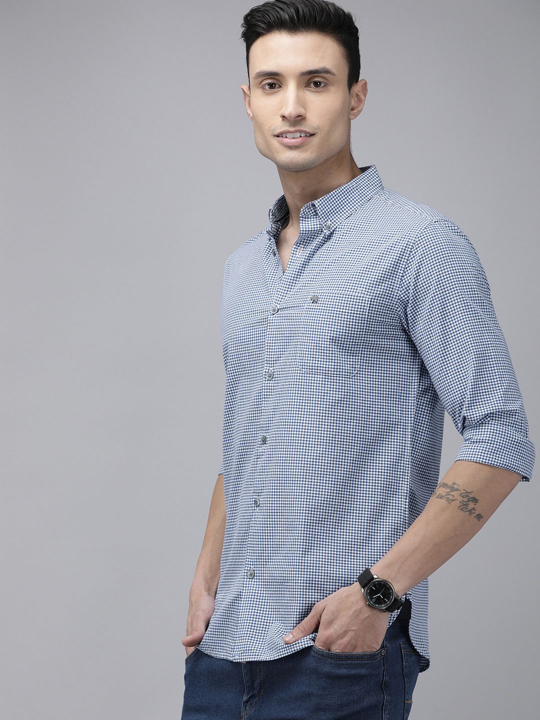 THE BEAR HOUSE Men Blue Pure Cotton Slim Fit Micro Checked Casual Shirt