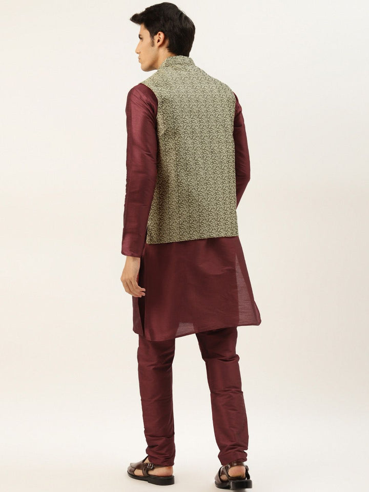 SOJANYA Men Maroon & Olive Green Jacquard Woven Design Kurta with Churidar & Nehru Jacket