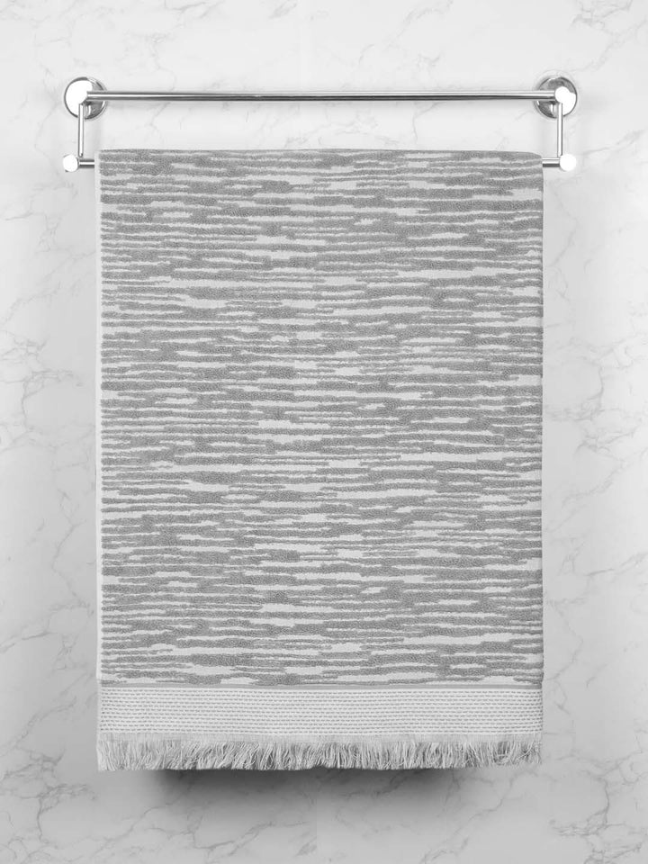 MYTRIDENT Grey & White Striped Printed Cotton 500 GSM Bath Towel