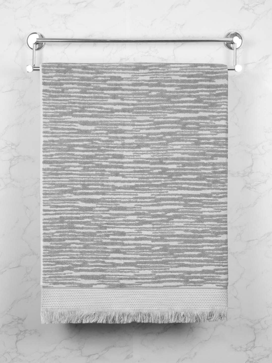 MYTRIDENT Grey & White Striped Printed Cotton 500 GSM Bath Towel