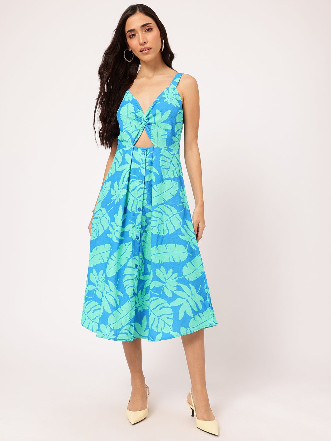 DressBerry Paradise Ready Tropical Printed Shoulder Straps Cut-Out Midi Dress