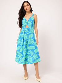 DressBerry Paradise Ready Tropical Printed Shoulder Straps Cut-Out Midi Dress