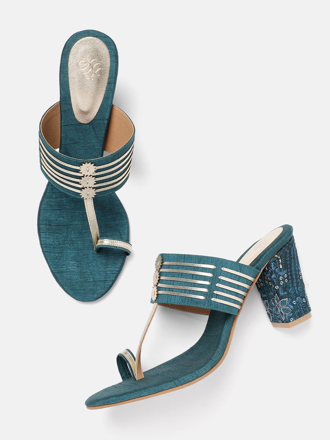 House of Pataudi Ethnic Embellished Open Toe Block Sandals