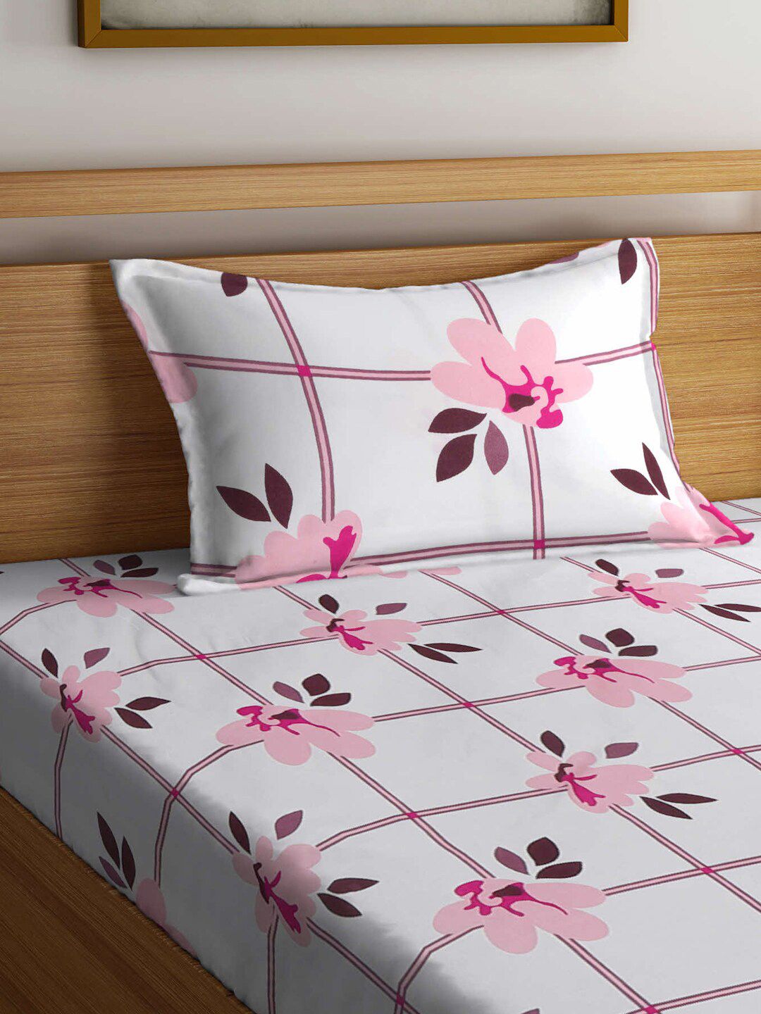 KLOTTHE Pink Floral Polycotton 300 TC Single Fine Bedsheet with a Pillow Cover-89 x 59 inches