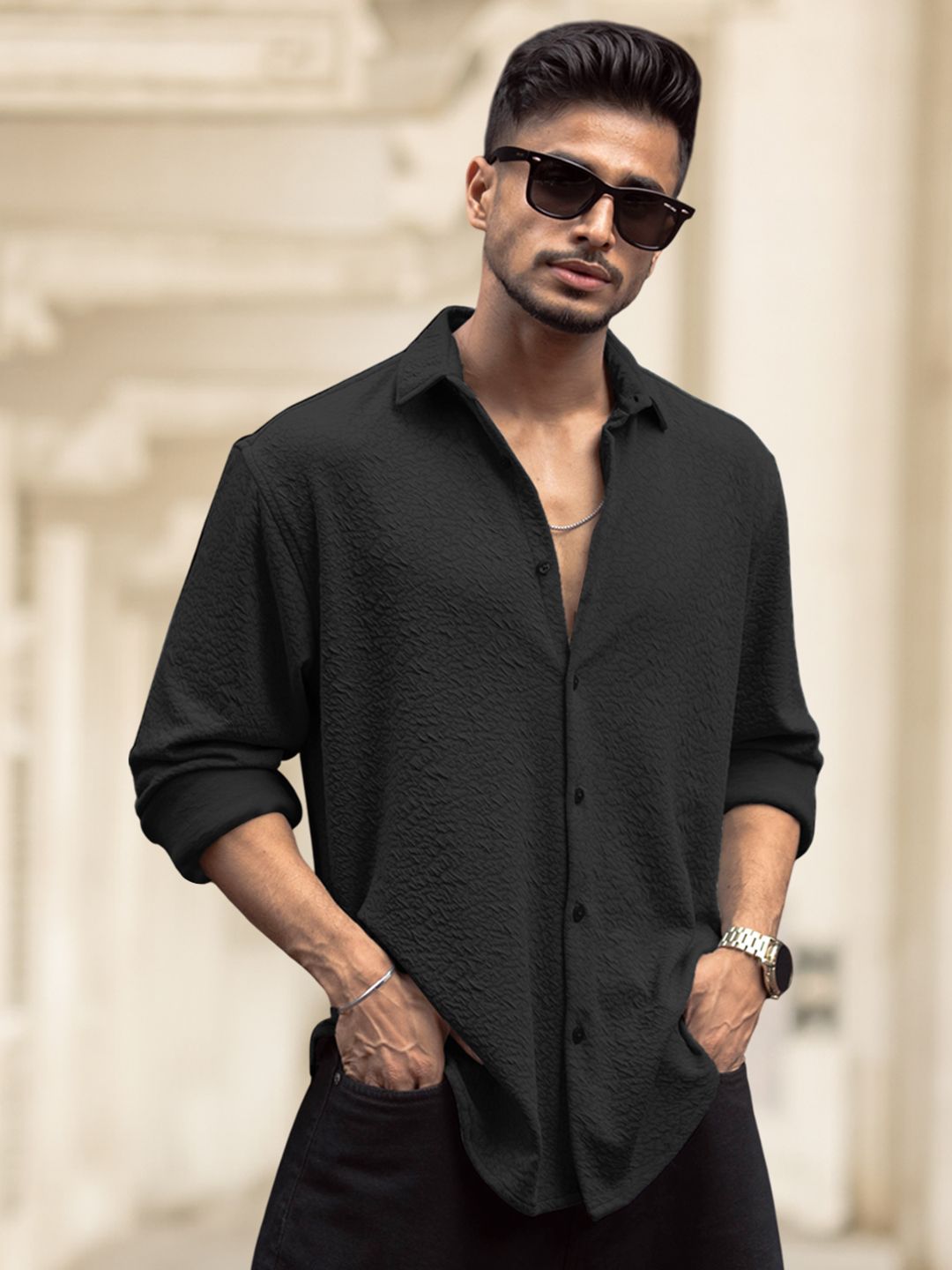 Powerlook Men Spread Collar Textured Relaxed Fit Casual Shirt