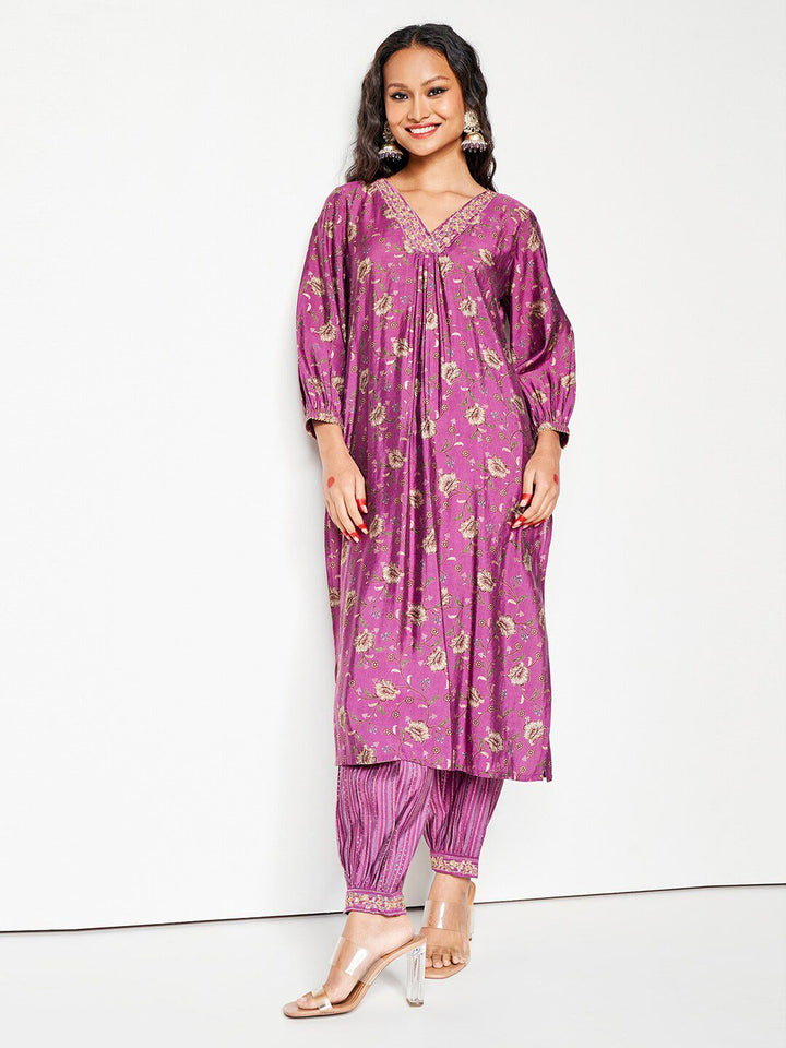 Global Desi Floral Printed V-Neck Thread Work Kurta With Salwar