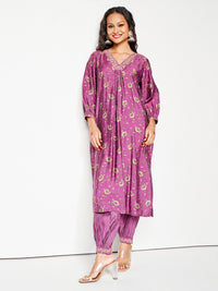 Global Desi Floral Printed V-Neck Thread Work Kurta With Salwar