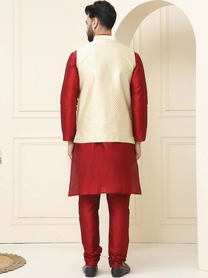 SOJANYA Mandarin Collar Zari Silk Cotton Straight Kurta with Pyjamas & Nehru jacket