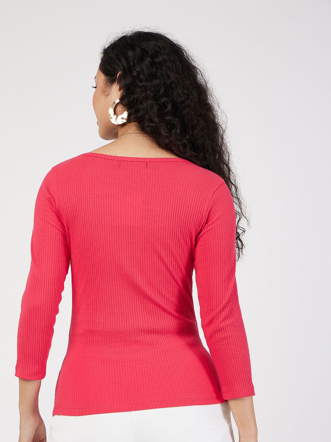 SASSAFRAS Red Ribbed Square Neck Fitted Top