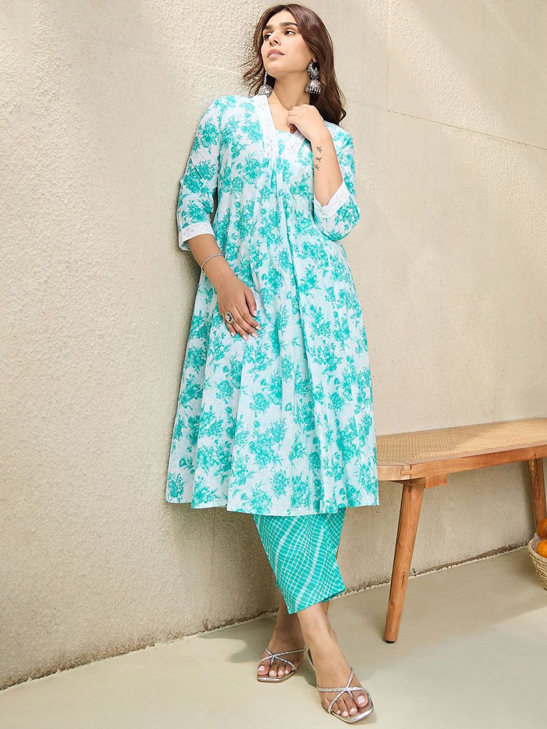 Indo Era Floral Printed V-Neck Pure Cotton A-Line Kurta With Trousers