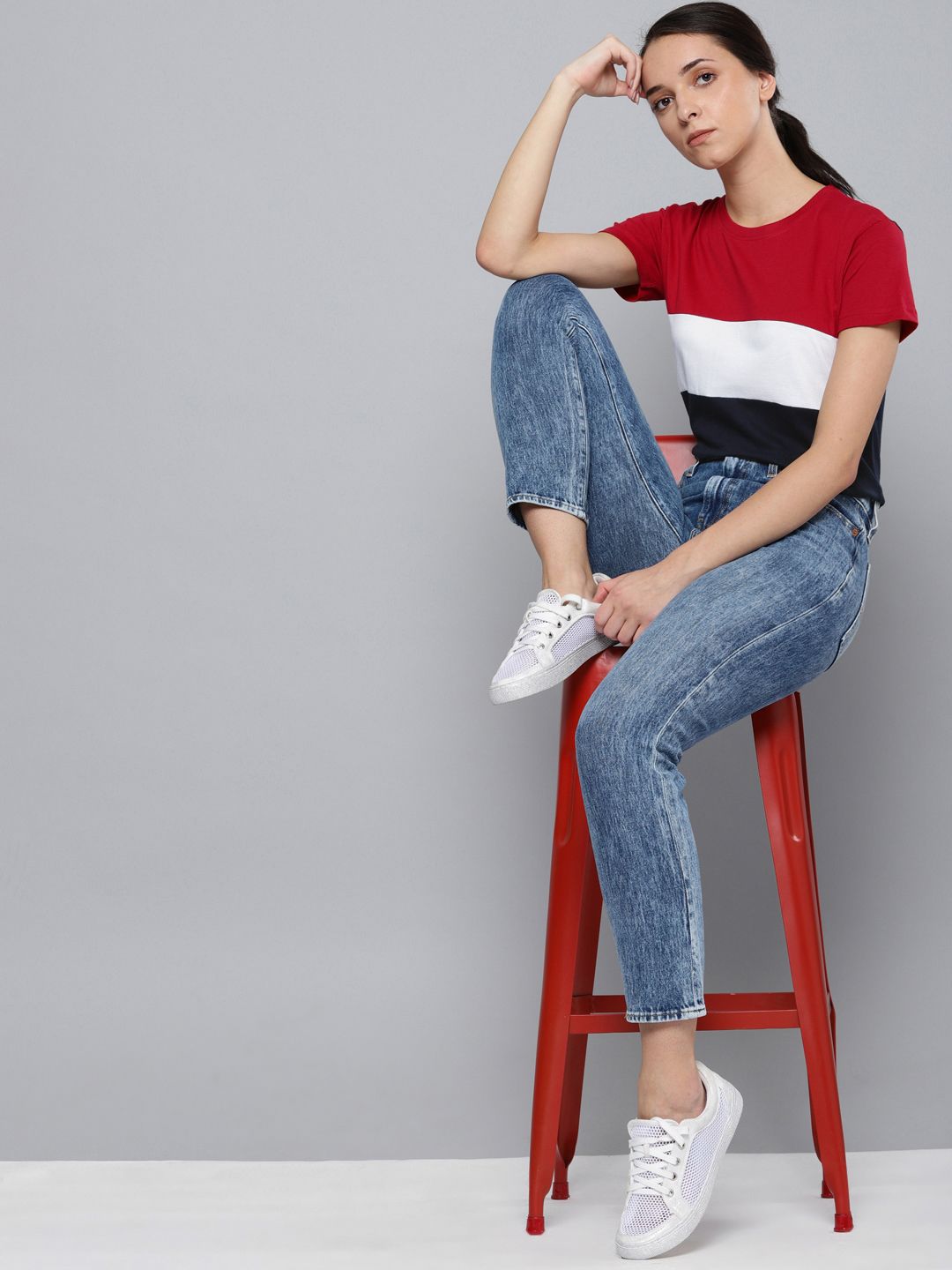 DILLINGER Women Red  White Colourblocked Round Neck Pure Cotton T-shirt