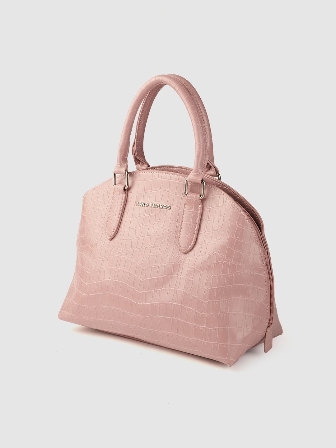 Lino Perros Peach-Coloured Croc Textured Structured Handheld Bag & Detachable Sling Strap