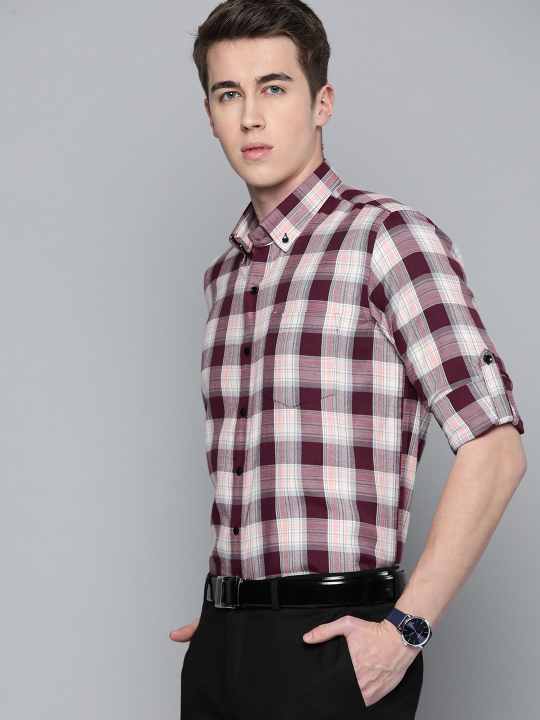 DENNISON Men Smart Slim Fit Tartan Checks Formal Shirt