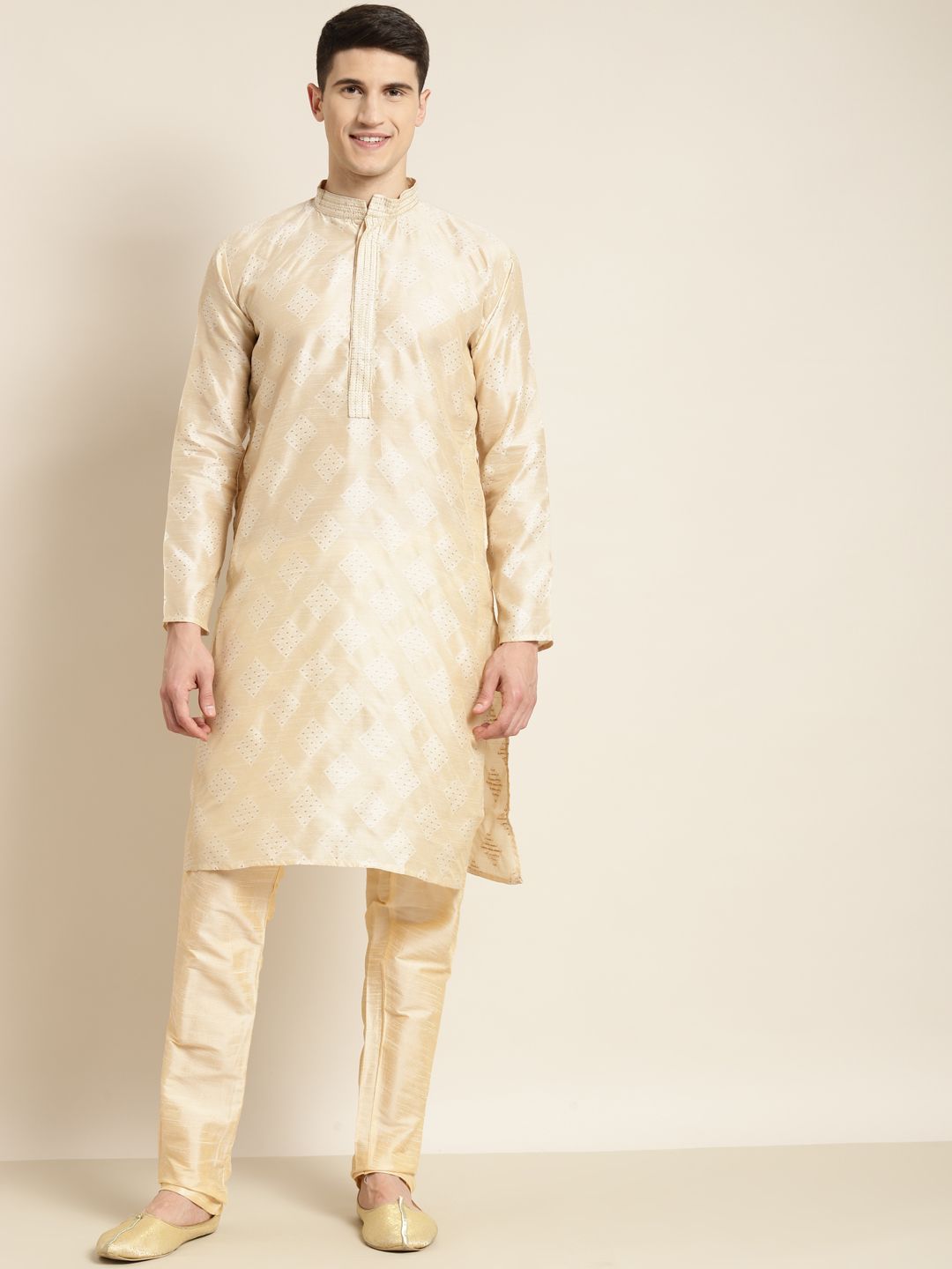 SOJANYA Men Cream-Coloured & Golden Ethnic Motifs Kurta