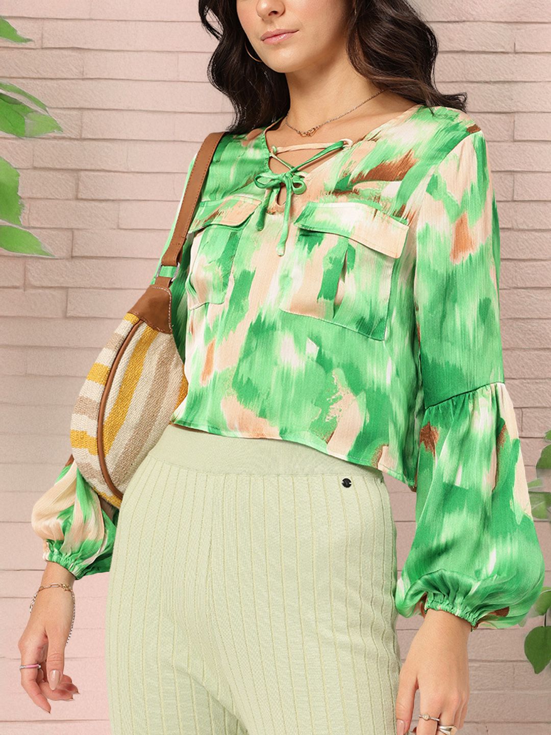 DressBerry Modern Muse Printed Lace-Up Flap Pocketed Satin Top
