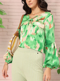 DressBerry Modern Muse Printed Lace-Up Flap Pocketed Satin Top