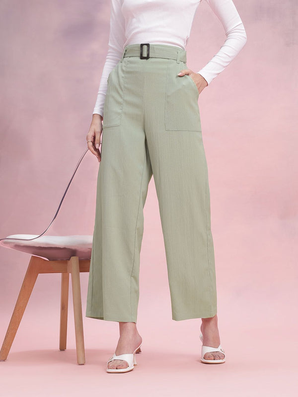 DressBerry Women Belted Straight Fit Trousers