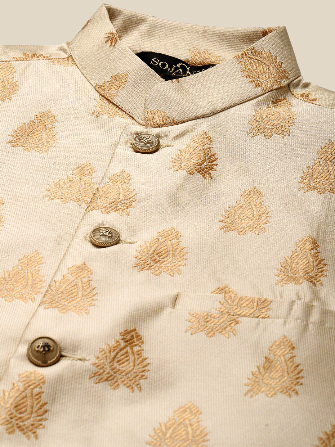 SOJANYA Ethnic Motifs Woven Design Mandarin Collar Kurta With Pyjamas & Nehru Jacket