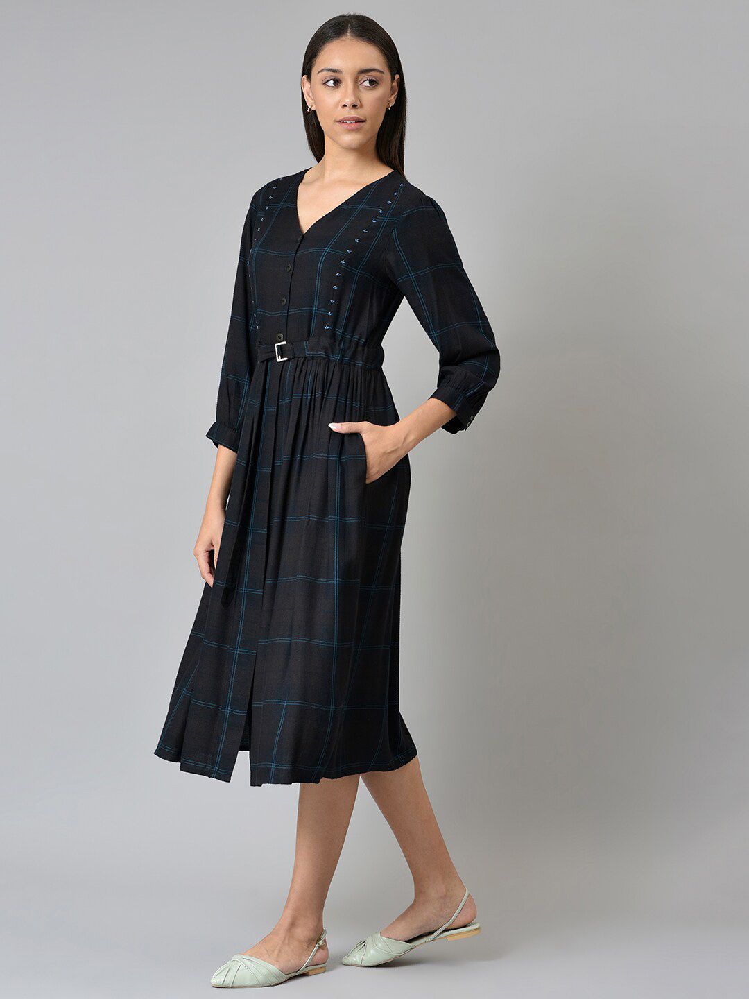 W Black Checked A-Line Midi Dress