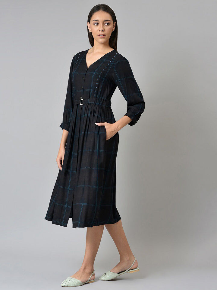W Black Checked A-Line Midi Dress