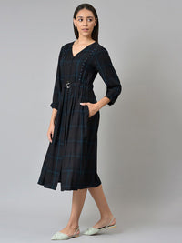 W Black Checked A-Line Midi Dress