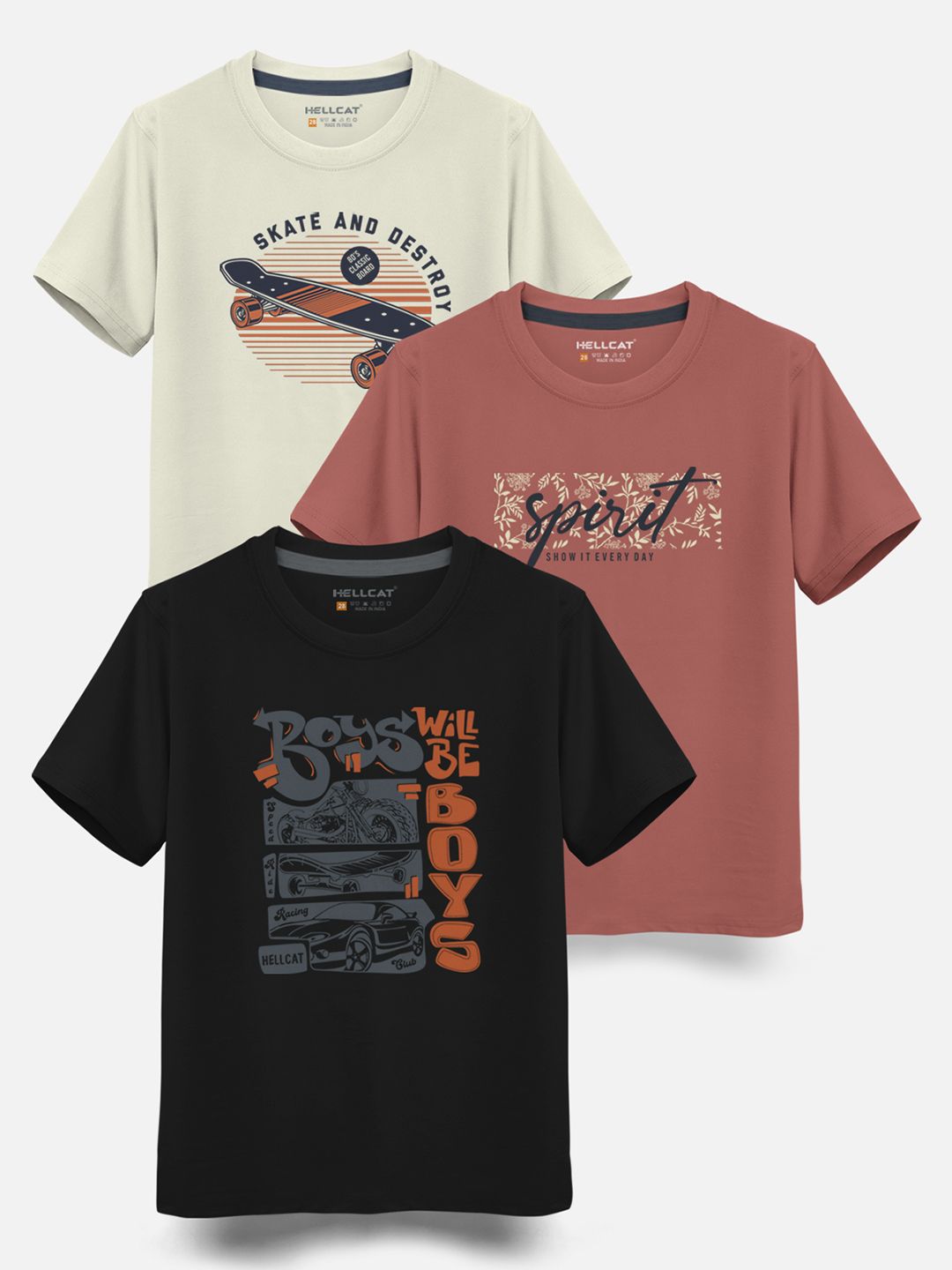HELLCAT Boys Pack Of 3 Printed Cotton T-shirt