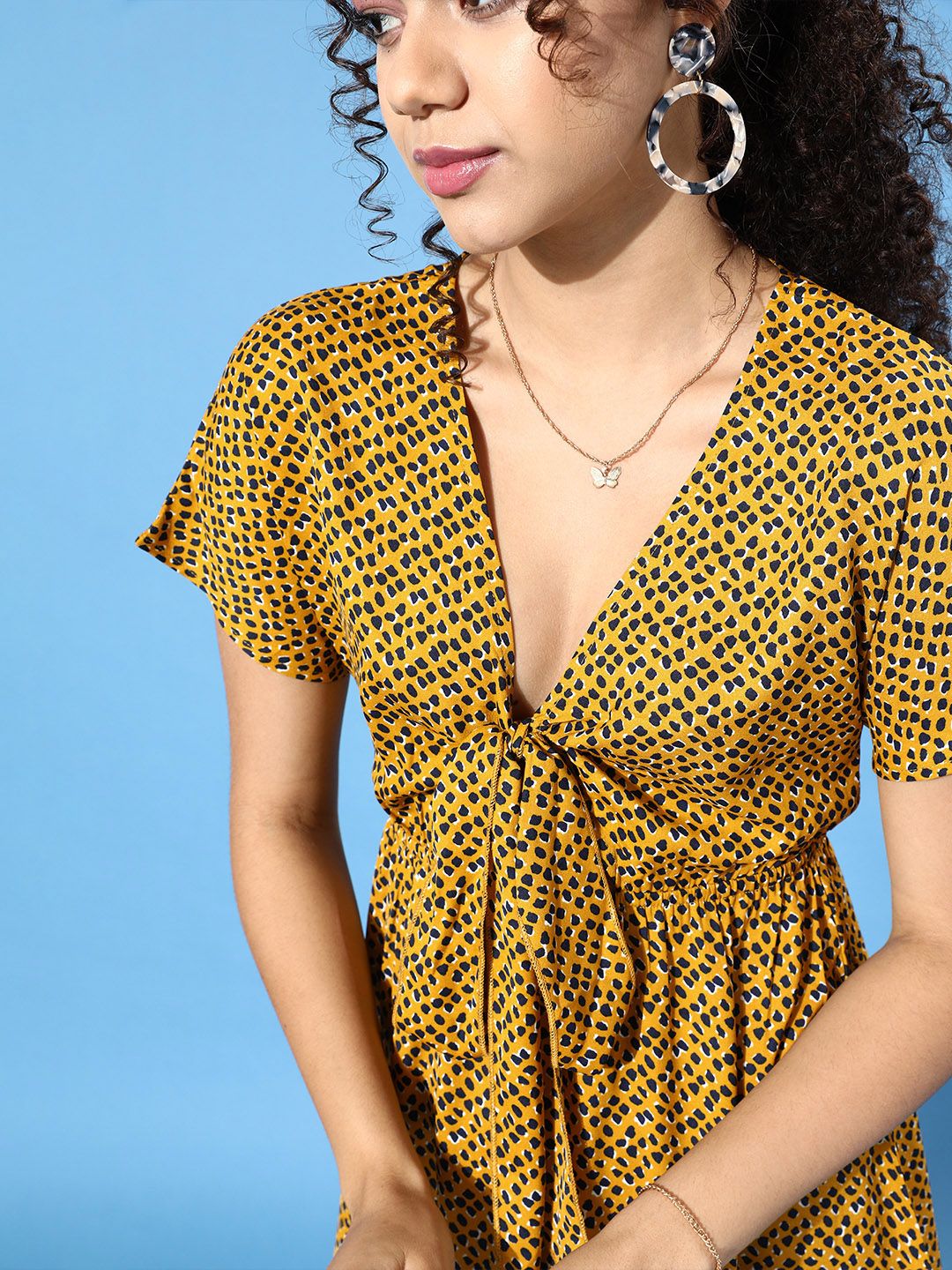 Berrylush Yellow Animal Crepe A-Line Mini Dress