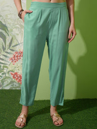 Vishudh Green Embroidered Tie-Up Neck Straight Kurta With Trousers & Dupatta