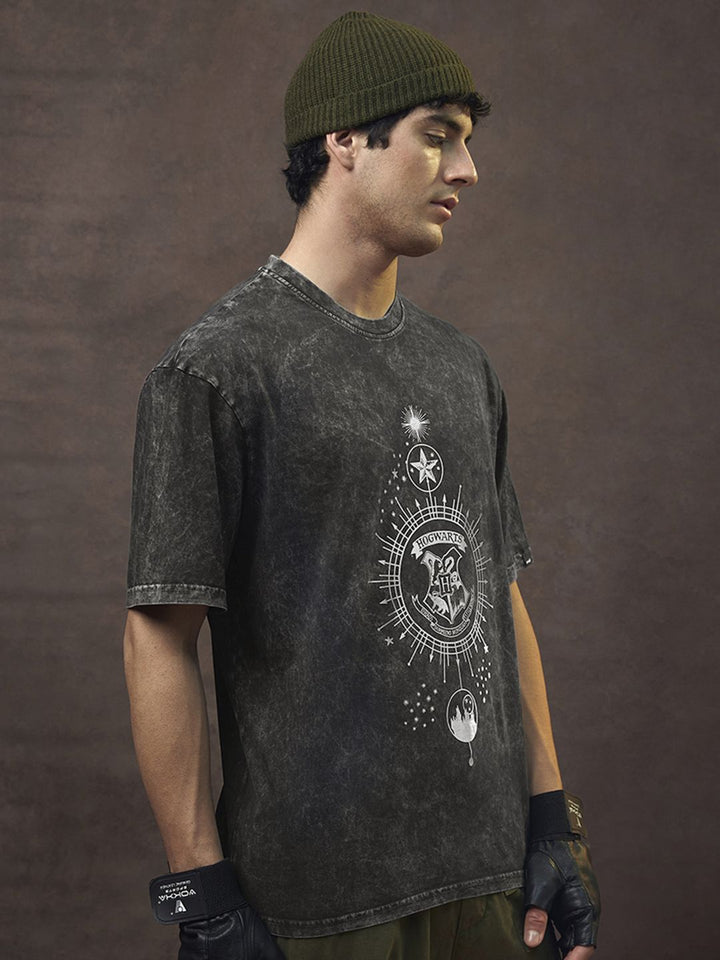 Bewakoof Black Harry Potter Printed Round Neck Short Sleeves Cotton Oversized T-shirt