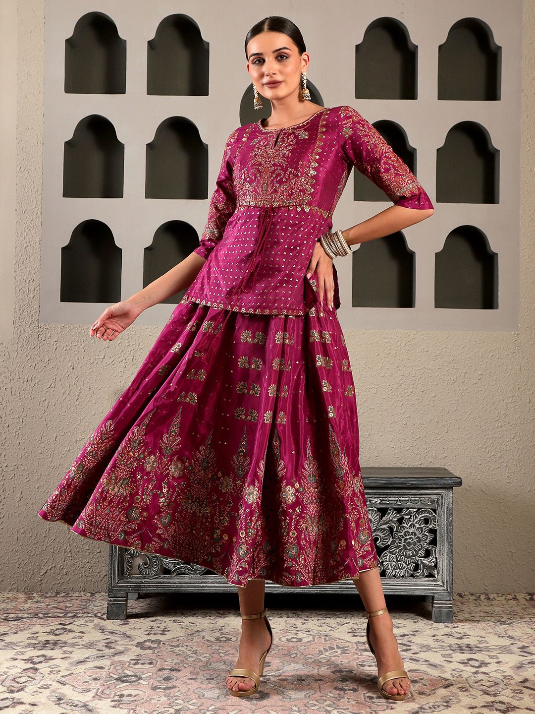 W Maroon & Gold-Toned Ethnic Motifs Ethnic Maxi Maxi Dress