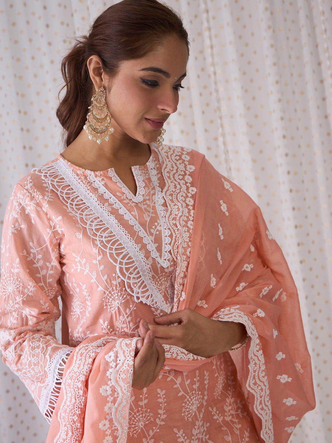 Indo Era Floral Embroidered Notched Neck Cotton Straight Kurta with Trousers & Dupatta