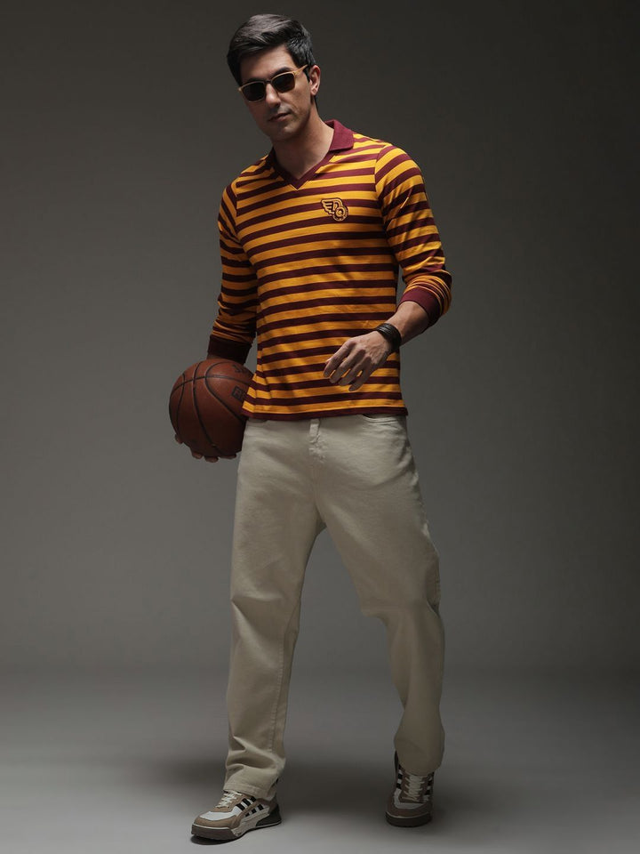 Difference of Opinion Men Striped Polo Collar Cotton T-shirt