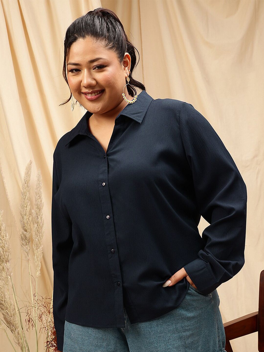 CURVY STREET Plus Size Spread Collar Comfort Opaque Casual Shirt